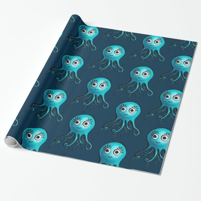 Cute Blue Octopus - Kawaii Tecknad Sea Animal Presentpapper (Utrullad)