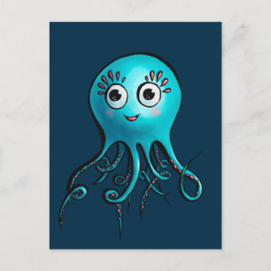 Cute Blue Octopus - Kawaii Tecknad Sea Animal Vykort