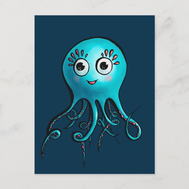 Cute Blue Octopus - Kawaii Tecknad Sea Animal Vykort (Framsida)