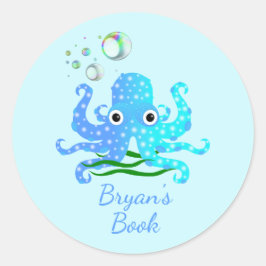 Cute Blue Octopus med Bubbles Nautical Bok Plate Runt Klistermärke