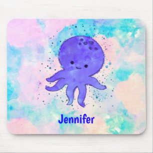 Cute Blue Octopus Tecknad - Anpassat namn för vatt Musmatta