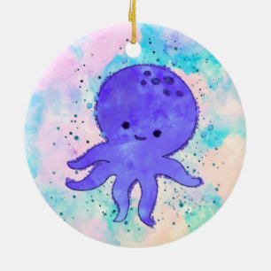 Cute Blue Octopus Tecknad Vattenfärg Julgransprydnad Keramik