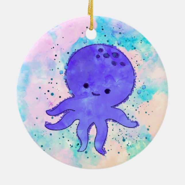 Cute Blue Octopus Tecknad Vattenfärg Julgransprydnad Keramik (Baksidan)