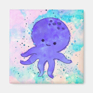Cute Blue Octopus Tecknad Vattenfärg Magnet
