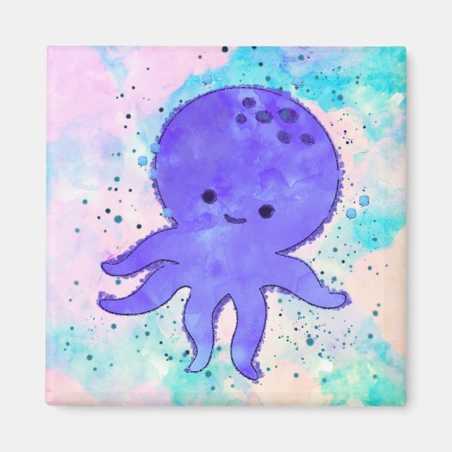Cute Blue Octopus Tecknad Vattenfärg Magnet (Framsidan)