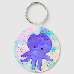 Cute Blue Octopus Tecknad Vattenfärg Nyckelring