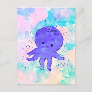 Cute Blue Octopus Tecknad Vattenfärg Vykort