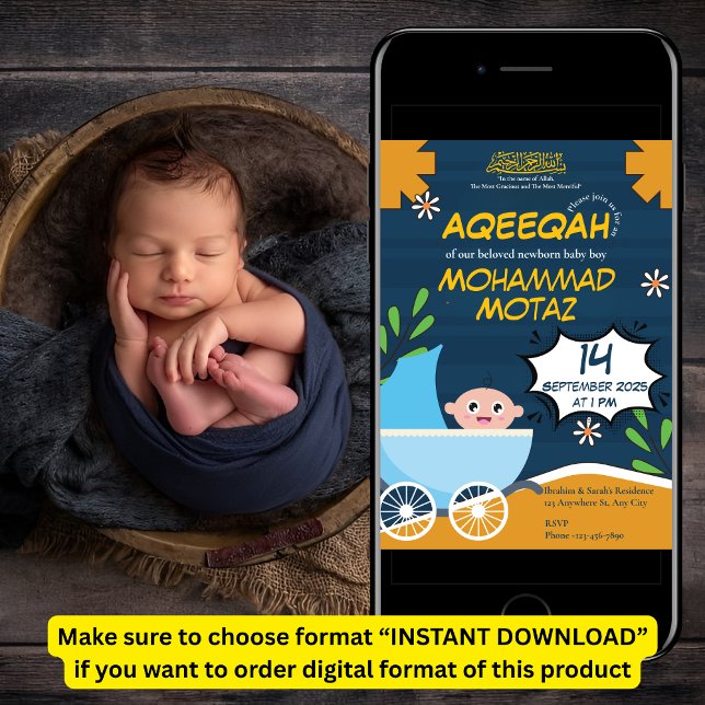 Cute Blue Orange Barnvagn Pojke Muslim Aqeeqah Inbjudningar (Skapare uppladdad)