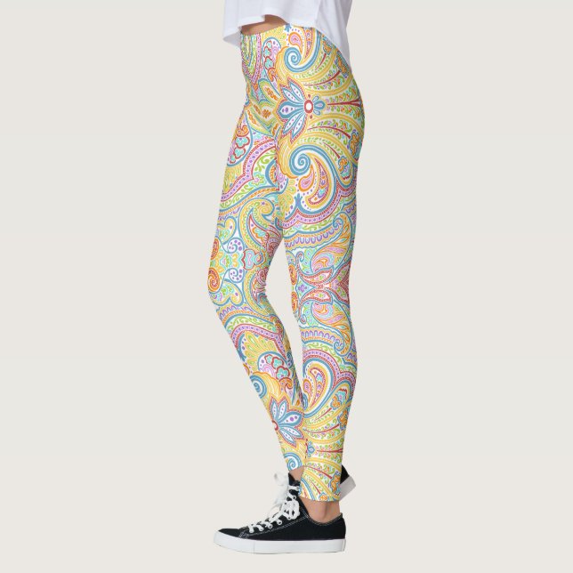 Cute Blue Orange Rosa Lila White Paisley Blommigt Leggings (Vänster)