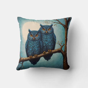 Cute Blue Pair Uggla sitta vid gren Kudde