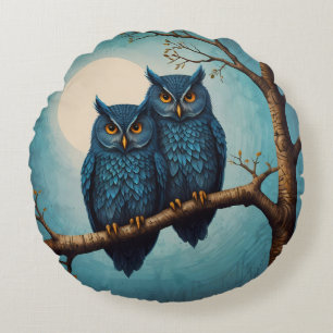 Cute Blue Pair Uggla sitta vid gren Rund Kudde