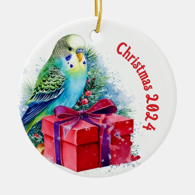Cute Blue Parakeet och julklapp Julgransprydnad Keramik (Framsidan)