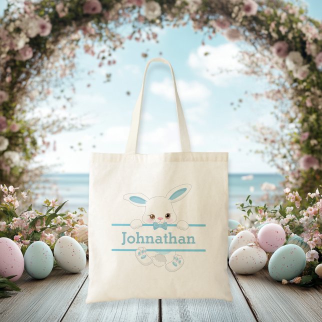 Cute Blue Påskhare Personlig Boy Tygkasse (Cute Blue Easter Bunny Personalized Boy Tote Bag)