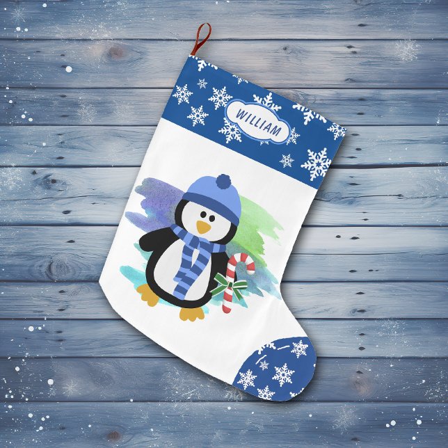 Cute Blue Penguin Candy cane Stor Julstrumpa (Skapare uppladdad)