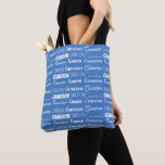 Cute Blue Personalized Name Collage Tygkasse<br><div class="desc">A cool personalized blue allover tote bag gift for decorated in nine different fonts spelling your name in white typography. Cute customizable present for with fun cursive script.</div>