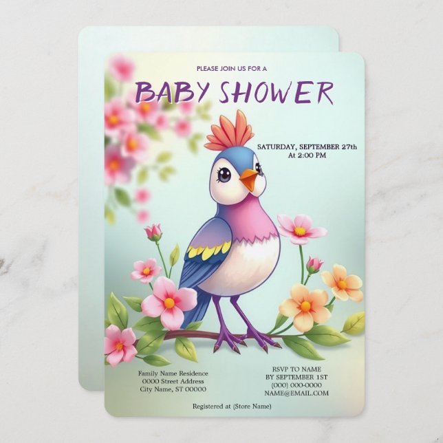 Cute Blue Pink Bird Floral Baby Shower Invitation Inbjudningar (Fram/baksida)