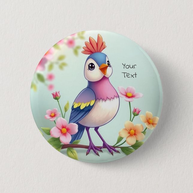 Cute Blue Pink Bird Floral Button Knapp (Framsida)
