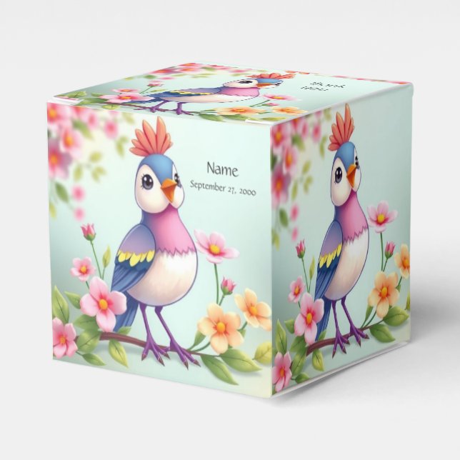 Cute Blue Pink Bird Floral Favor Box Presentaskar (Framsidan Sidan)