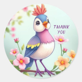 Cute Blue Pink Bird Floral Sticker Runt Klistermärke