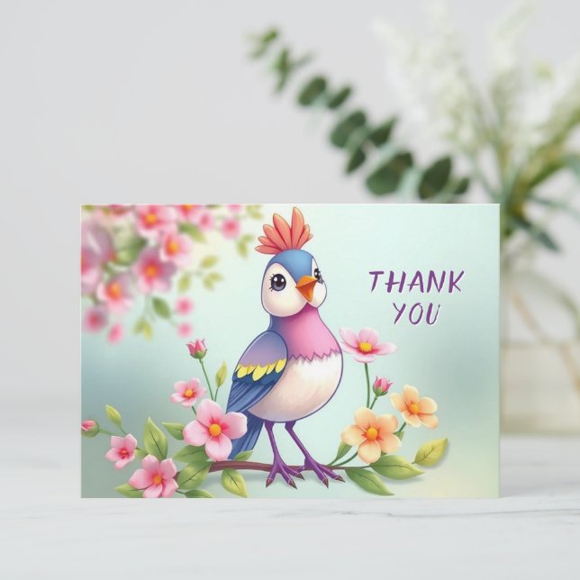 Cute Blue Pink Bird Floral Thank You Card Tack Kort (Stående Fram)