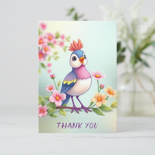Cute Blue Pink Bird Floral Thank You Card Tack Kort (Stående Fram)