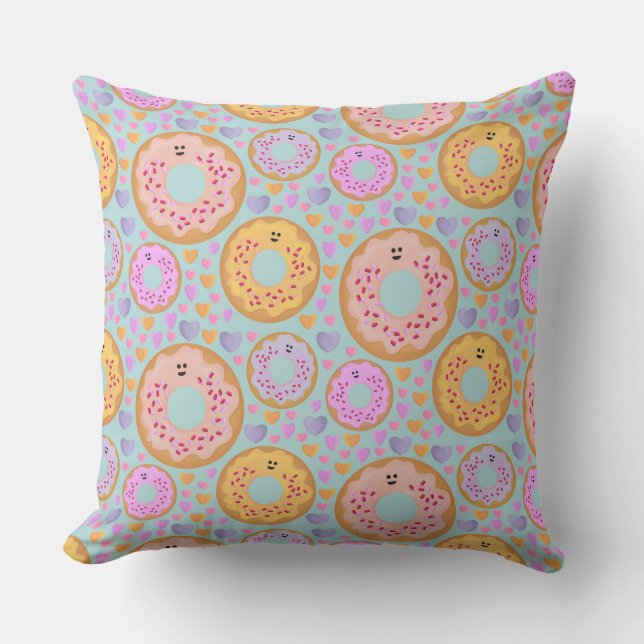 Cute Blue Pink Pastel Donuts & Hearts Kudde (Framsida)