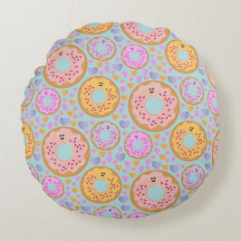 Cute Blue Pink Pastel Donuts & Hearts Rund Kudde