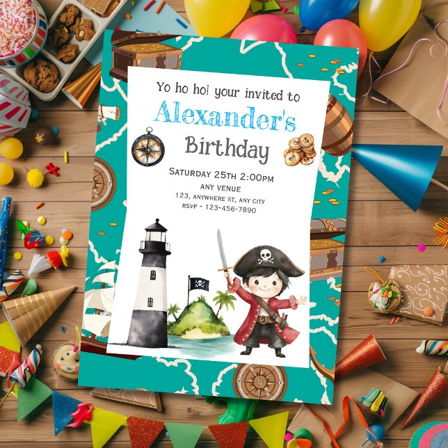 Cute Blue Pirate child's Birthday Invitation Inbjudningar (Skapare uppladdad)