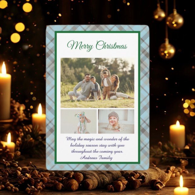 Cute Blue Plaid Portrait Photo Christmas  Julkort (Skapare uppladdad)