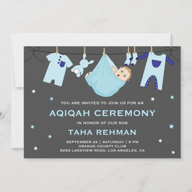 Cute Blue Pojke Aqiqah Inbjudningar (Framsida)