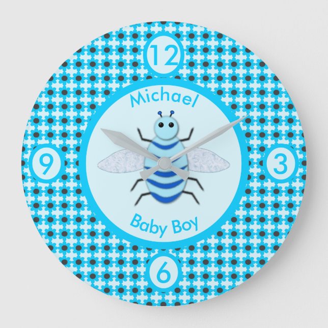 Cute Blue Pojke Bee Anpassningsbar Nursery Stor Klocka (Framsida)