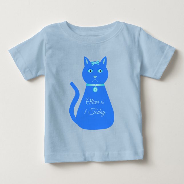 Cute Blue Pojke Cat Anpassningsbar 1:a födelsedage T Shirt (Framsida)