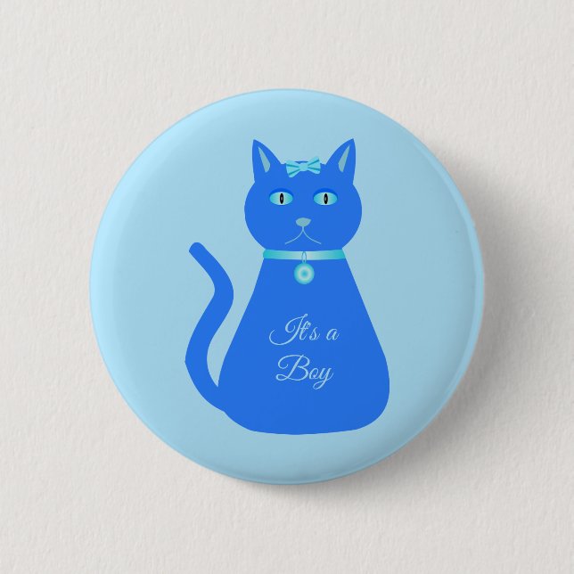 Cute Blue Pojke Cat Anpassningsbar Gender Reveal Knapp (Framsida)