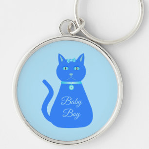 Cute Blue Pojke Cat Anpassningsbar Gender Reveal Rund Silverfärgad Nyckelring