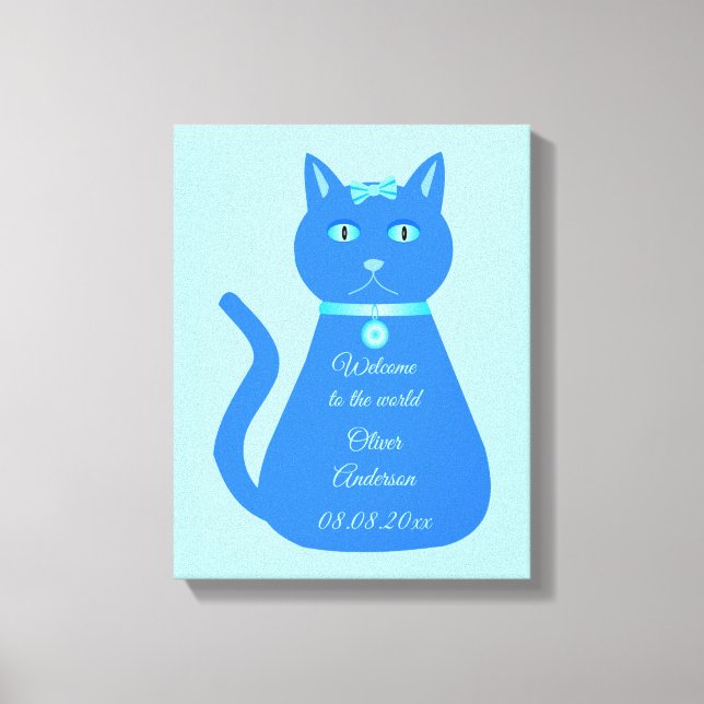 Cute Blue Pojke Cat Anpassningsbar Nursery Canvastryck (Framsida)