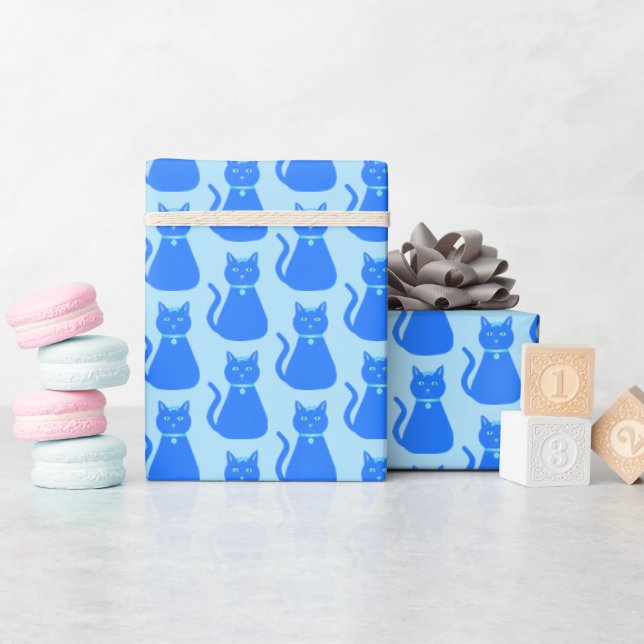 Cute Blue Pojke Cat Patterned Presentpapper (Baby Shower)