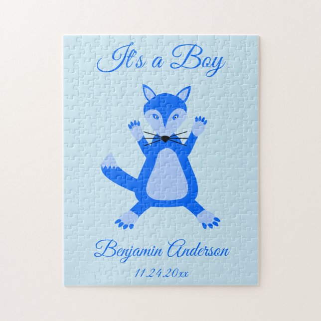 Cute Blue Pojke Fox Birth Notice Pussel (Vertikal)