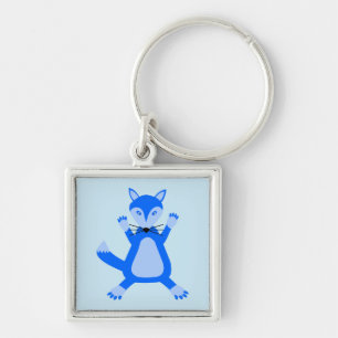 Cute Blue Pojke Fox Fyrkantig Silverfärgad Nyckelring