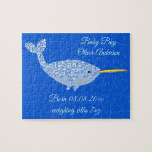 Cute Blue Pojke Narwhal Anpassningsbar Nyfödd bebi Pussel