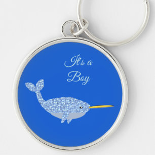 Cute Blue Pojke Narwhal Gender Reveal Anpassningsb Rund Silverfärgad Nyckelring