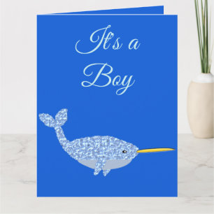 Cute Blue Pojke Narwhal Gender Reveal Kort