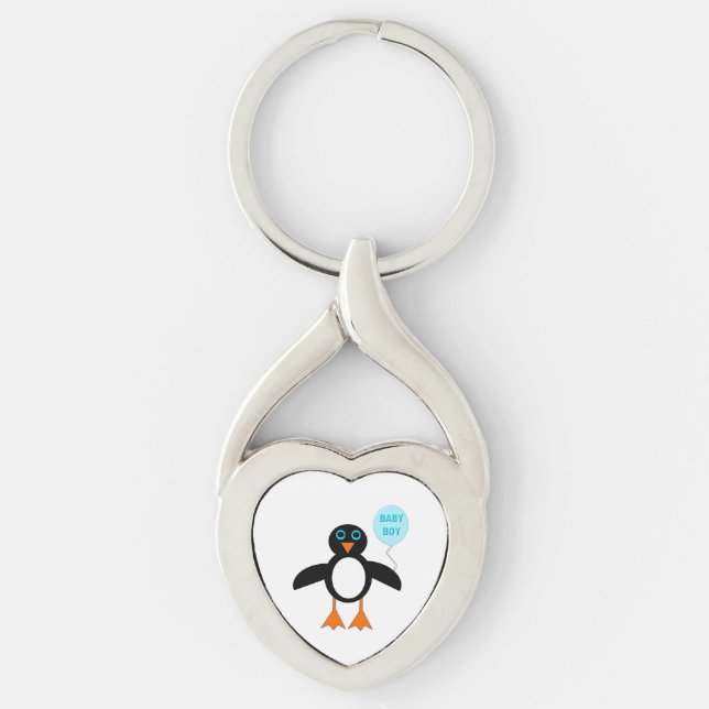 Cute Blue Pojke Penguin Keychain Twisted Heart Silverfärgad Nyckelring (Framsidan)