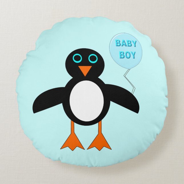 Cute Blue Pojke Penguin Pillow Rund Kudde (Framsidan)