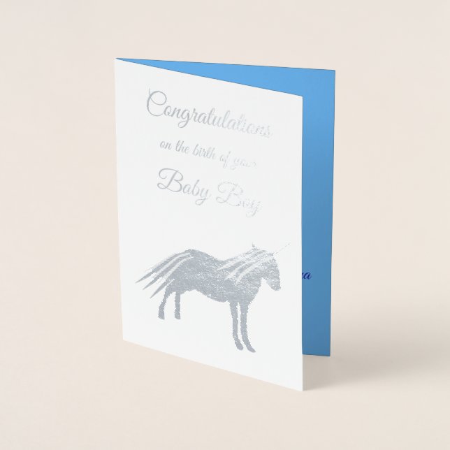 Cute Blue Pojke Unicorn-Grattisar Folierat Kort (Framsida)