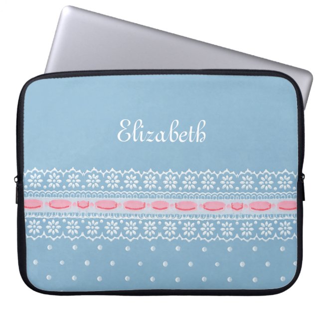 Cute Blue Polka dots Girly Rosa Snöre med Namn Laptop Fodral (Framsidan)