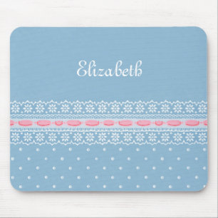 Cute Blue Polka dots Girly Rosa Snöre med Namn Musmatta