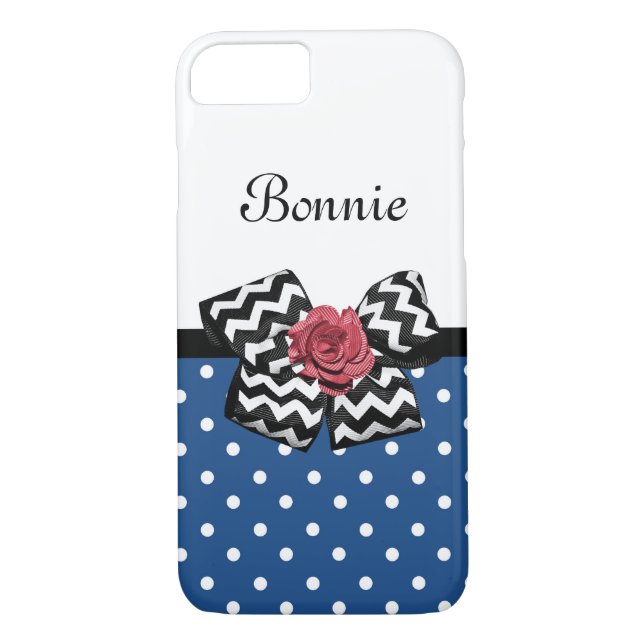 Cute Blue Polka dots Röd ros Chevron Bow och Namn Case-Mate iPhone Skal (Baksida)