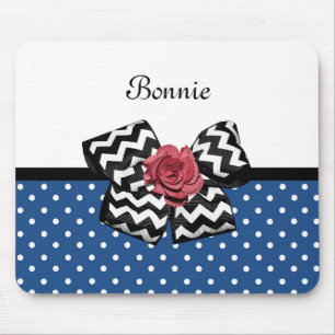 Cute Blue Polka dots Röd ros Chevron Bow och Namn Musmatta