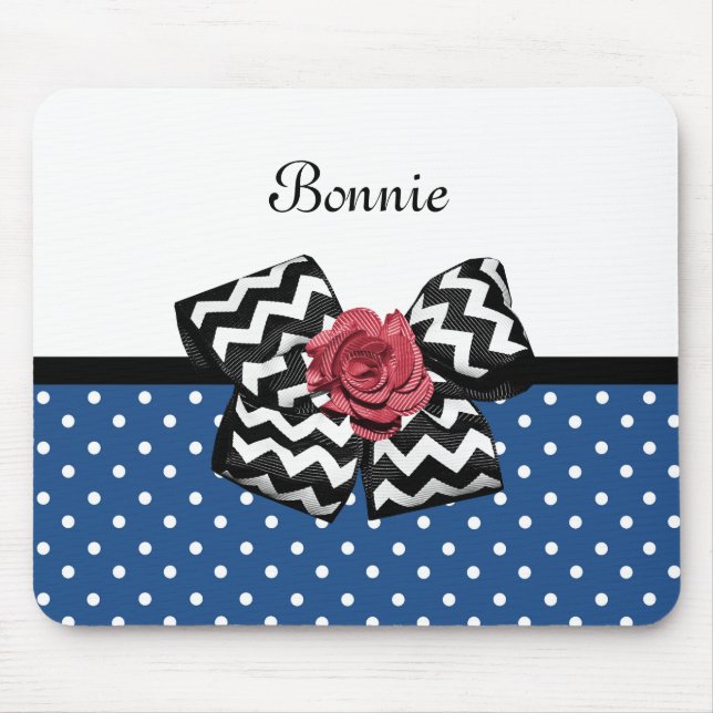 Cute Blue Polka dots Röd ros Chevron Bow och Namn Musmatta (Framsidan)