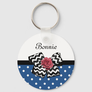 Cute Blue Polka dots Röd ros Chevron Bow och Namn Nyckelring